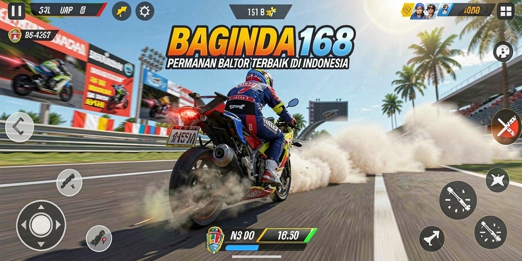 Tampilan gameplay BAGINDA168 yang menampilkan balapan motor mendebarkan.