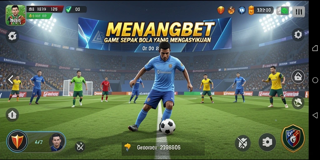 Tampilkan gameplay <strong>MENANGBET</strong> yang penuh aksi dan strategi sepak bola.