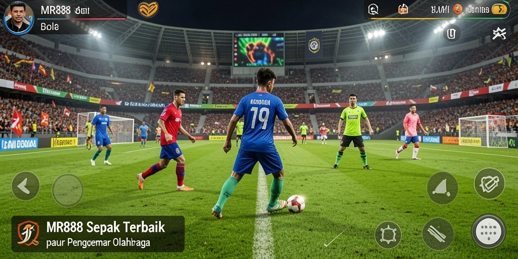 Screenshot utama MR888 menampilkan aksi seru di lapangan sepak bola.