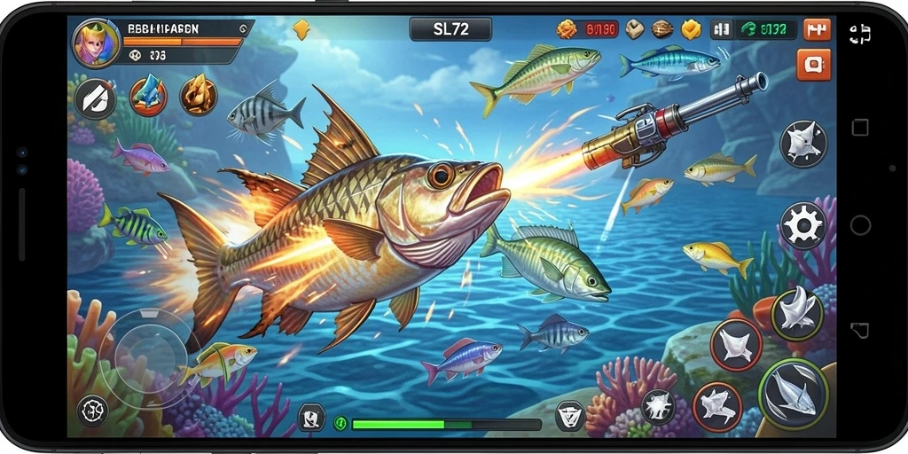 Tangkapan layar gameplay SL72 menampilkan aksi menembak ikan yang seru.
